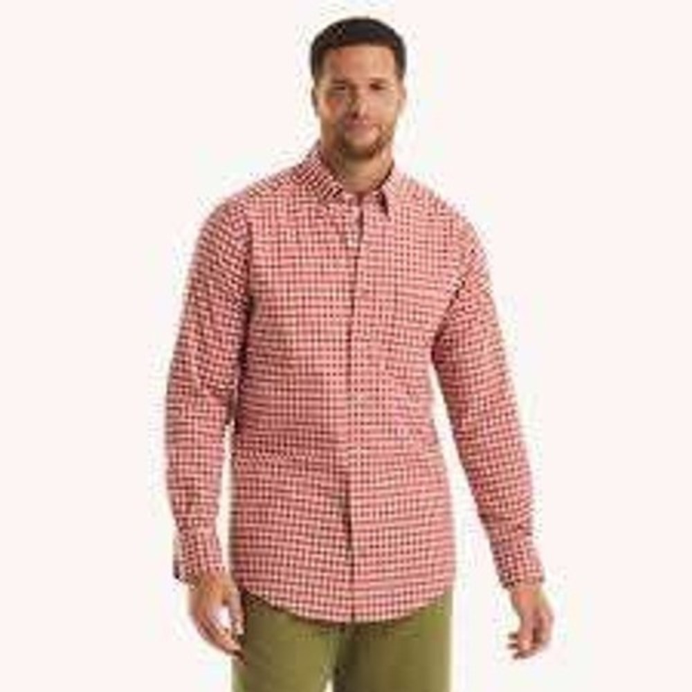 Nautica Classic Fit Stretch Gingham Button Down‎ Shirt Men's 2XL Tall Red White